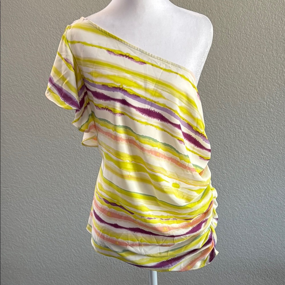 Jennifer Lopez Yellow Pink Asymmetrical one shoulder  Blouse XL - Picture 2 of 7